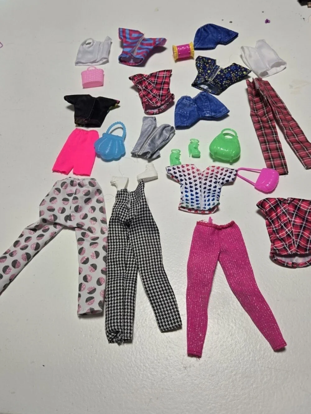 Lot Of Barbie Clothes 4 pants 3 shorts 9 shirts 2 pairs shoes 5 purses